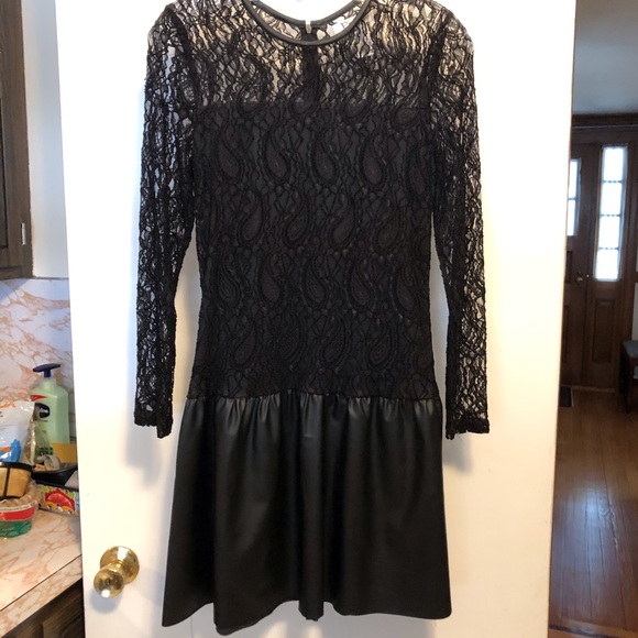 Faux Leather & Lace Dress Fit & Flare Drop Waist Prom Party - Picture 7 of 7